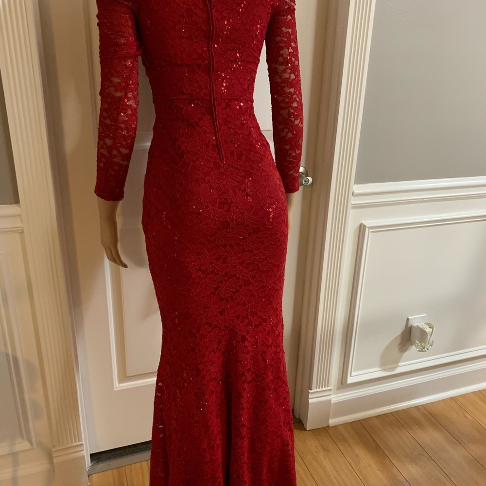 Women junior red lace sequins shoulder off long sleeve maxi dress size (S) - Picture 8 of 10